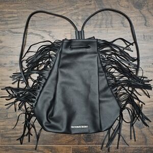 Victoria's Secret Black Fringe Backpack Purse Bag Faux‎ Leather